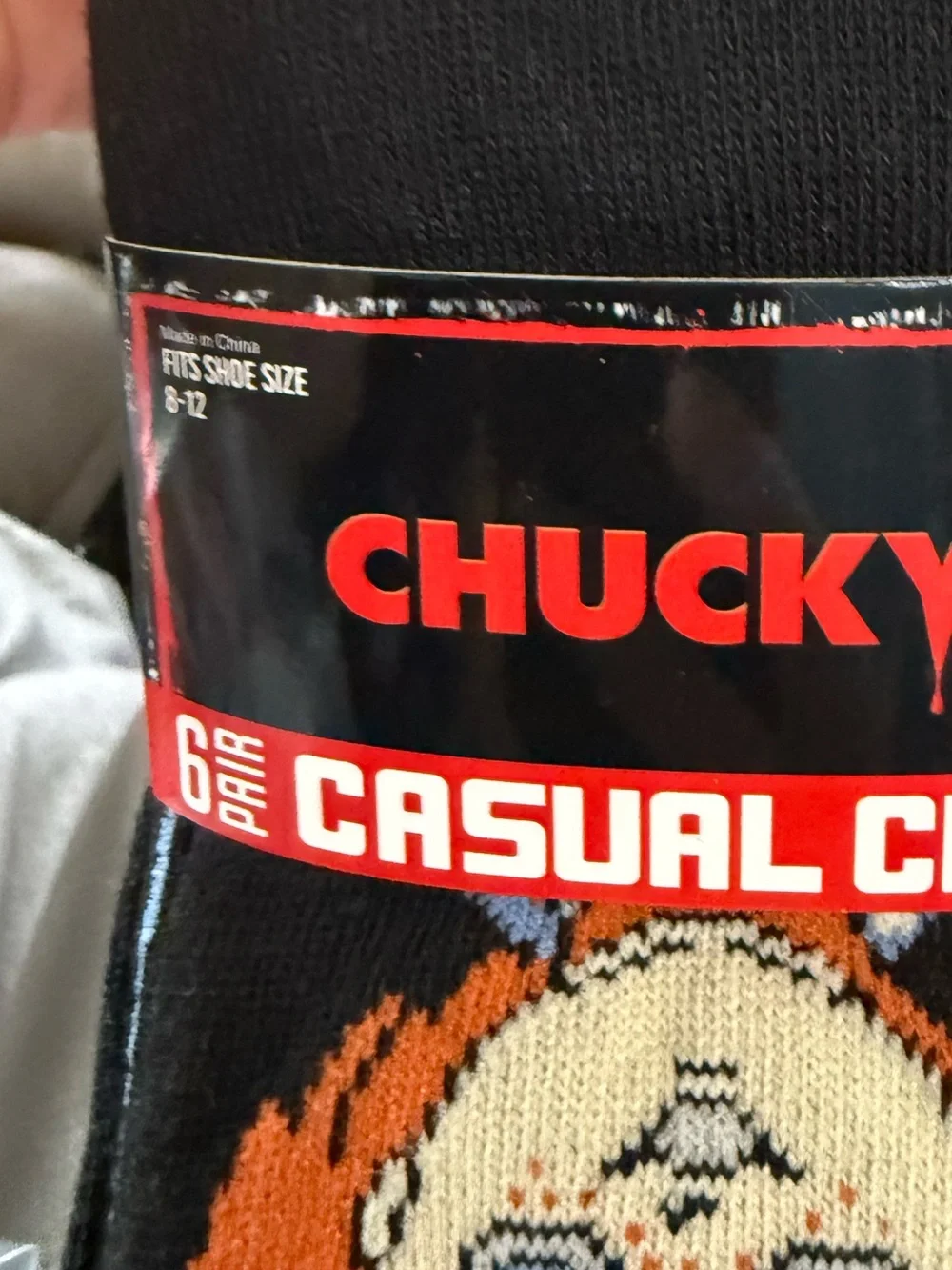 Chucky Casual Crew Men’s Socks - Black/Orange Character Design. 6 pair